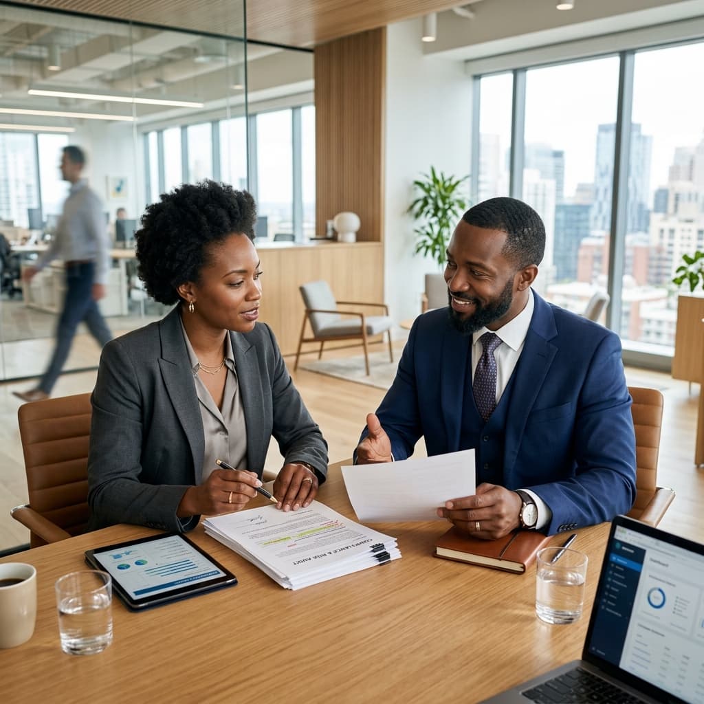 Two professionals reviewing compliance documents